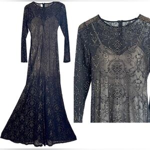 Black Nude Gold Illusion Sheer Lace Maxi Gown Dress Bodycon Mermaid Sz L